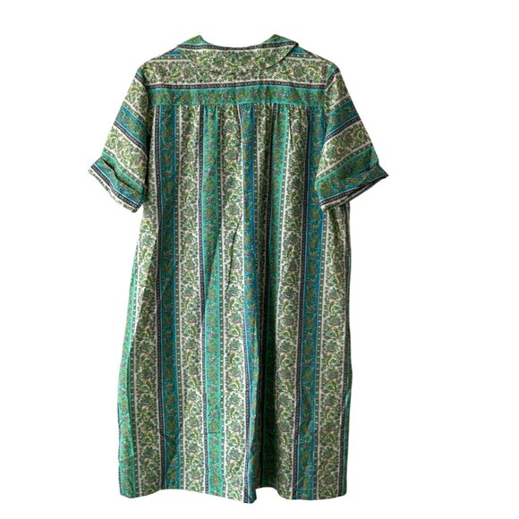 Vintage Green & Blue Floral Stripe House Dress Pockets Button Front Kaftan Sz M - Picture 8 of 8